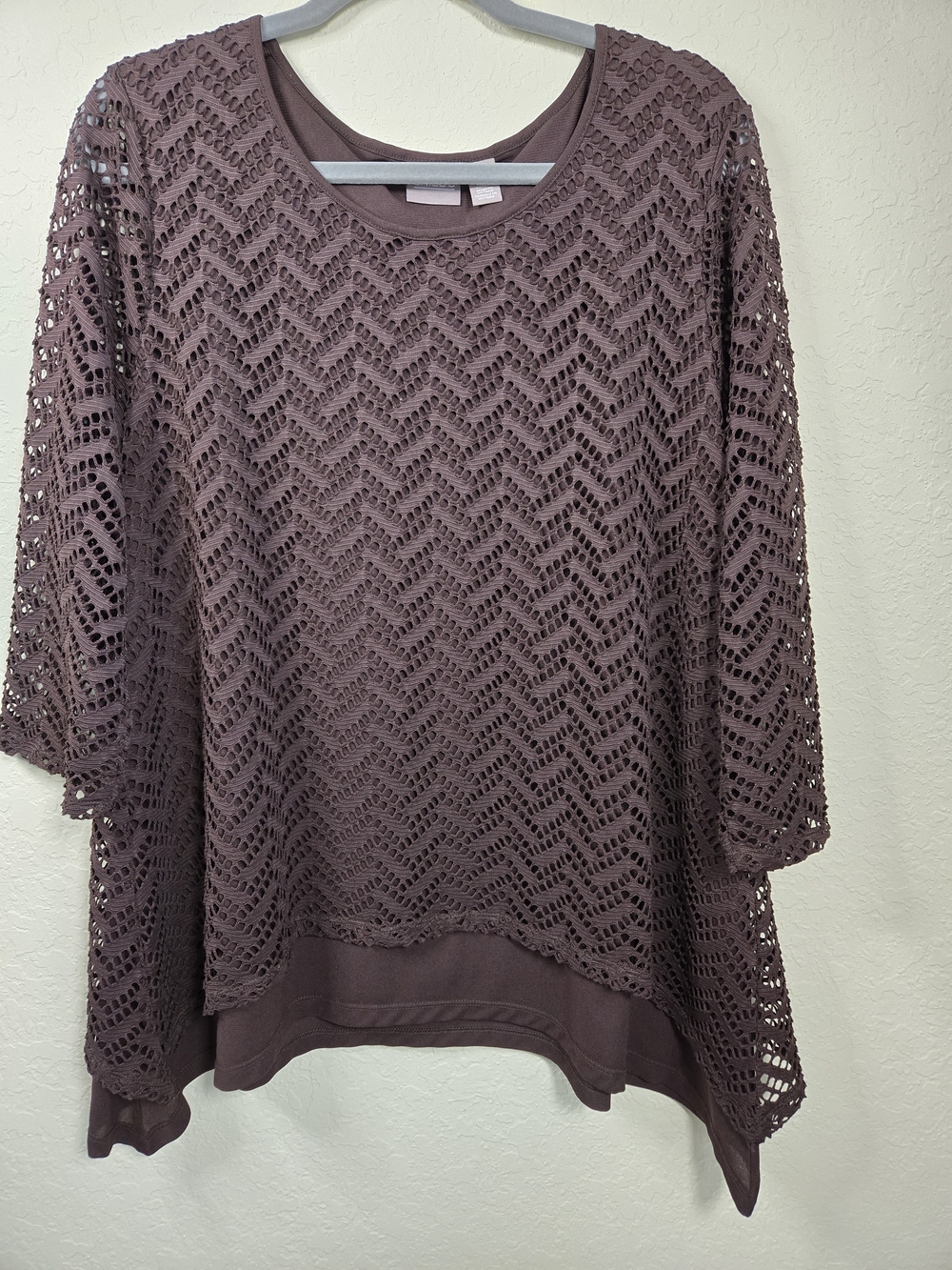 Chico’s Size 3 Open Knit Chevron Mesh Top | Chocolate Brown 3/4 Sleeve Lined XL